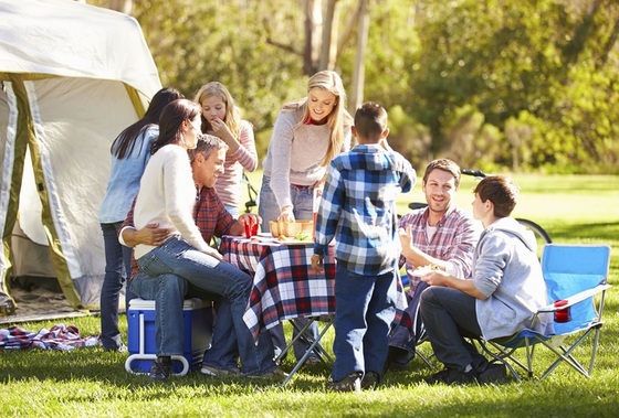 Família e amigos reunidos em camping