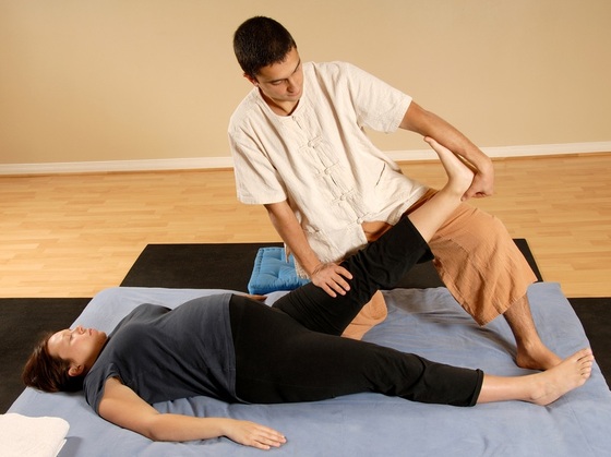 Terapeuta alongando a perna de uma gestante - Foto: Yanik Chauvin/Shutterstock.com
