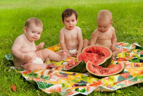 Grupo de bebês comendo melancia em um parque - ShutterStock